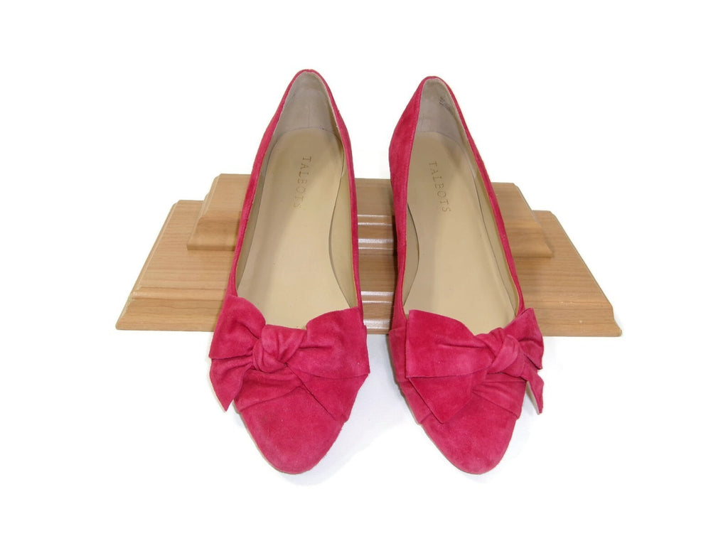 Talbots Womens Edison Bow Detail Red Suede Flats Shoes Size 9 M Gold Trim Heels