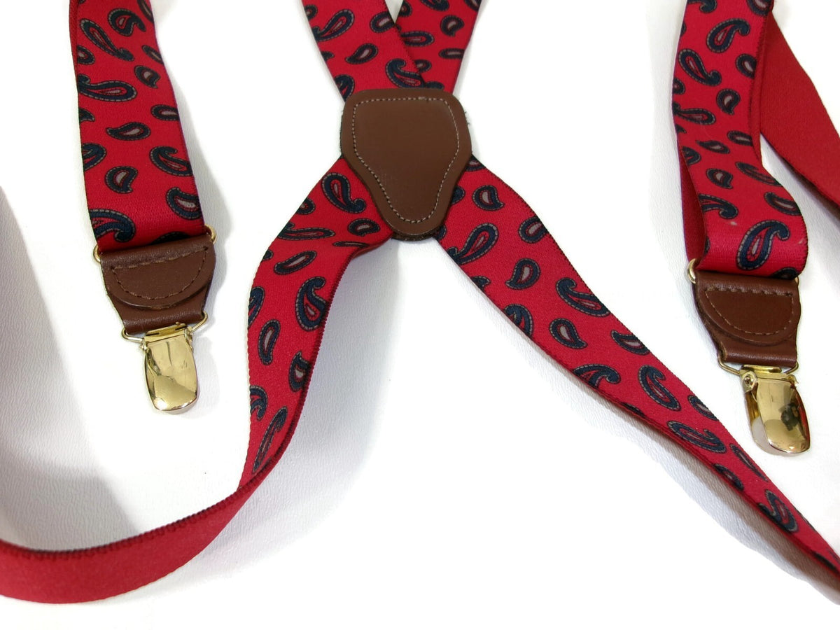Mens Red Paisley Suspenders w/ Y Back Design & Metal Clips Md In West Germany