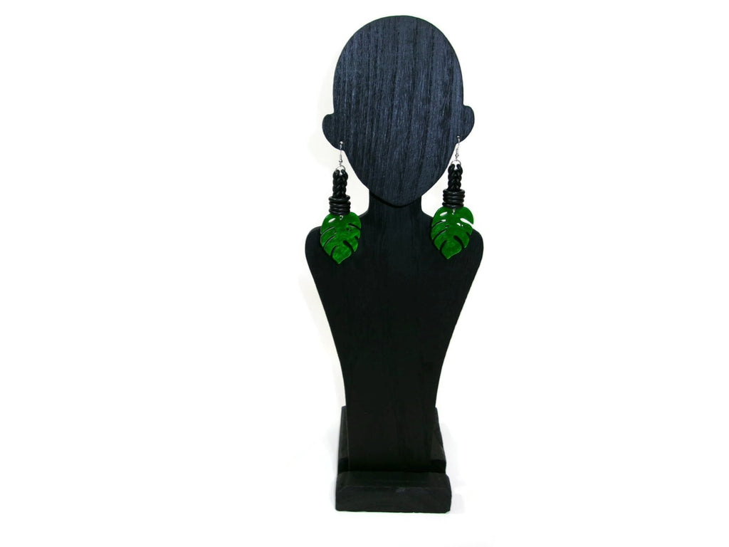Womens Ear Candy Statement Drop Earrings Green Acrylic Leaf & Rubber Design