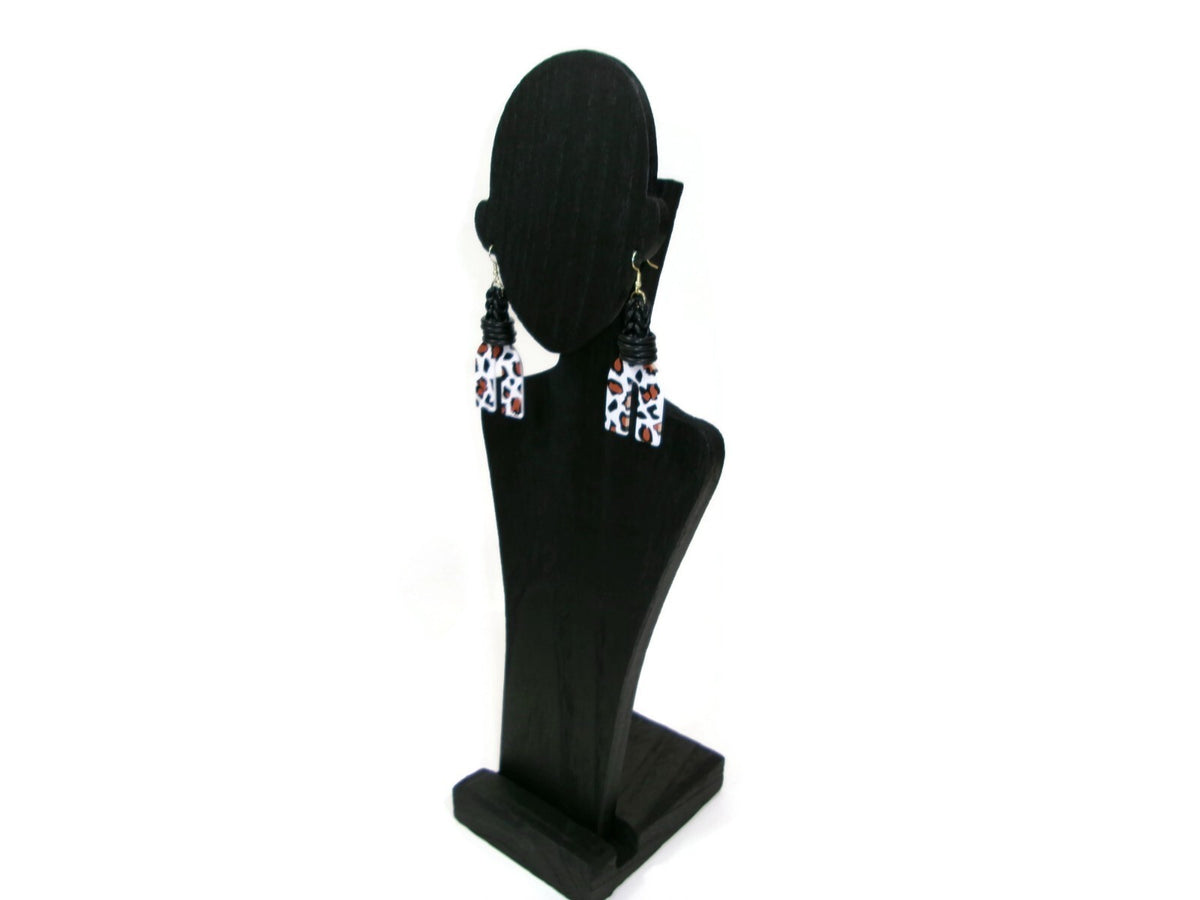 Womens Ear Candy Statement Earrings Leopard Print  Black Tan & White