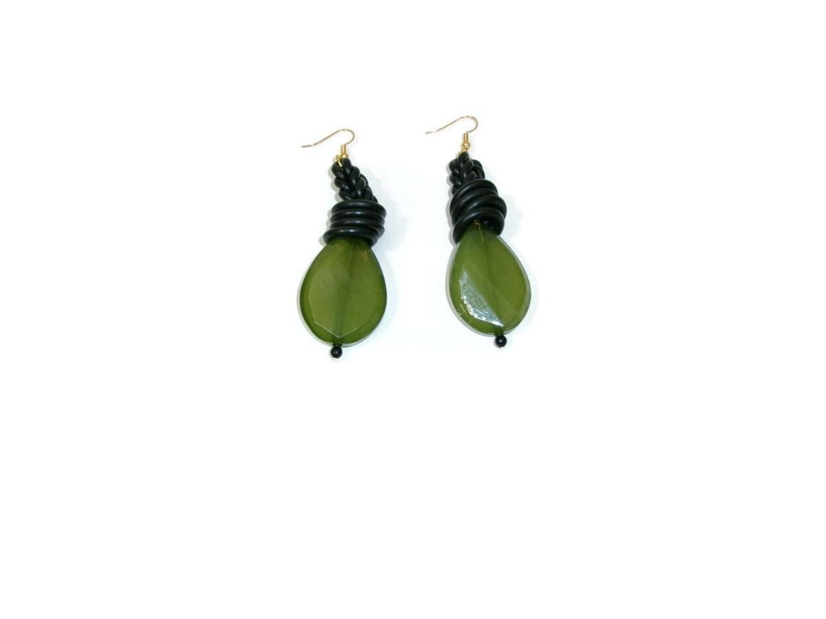 Womens Ear Candy Statement Earrings Green Textured Bead w/ Rubber Huggie Design