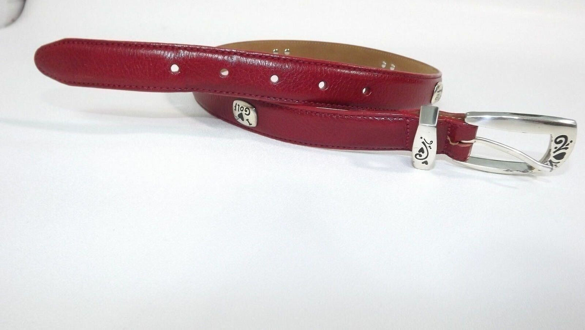BRIGHTON Pretty Red Leather Belt Size M Medium/ I Love GOLF w/ Cart Clubs Ball