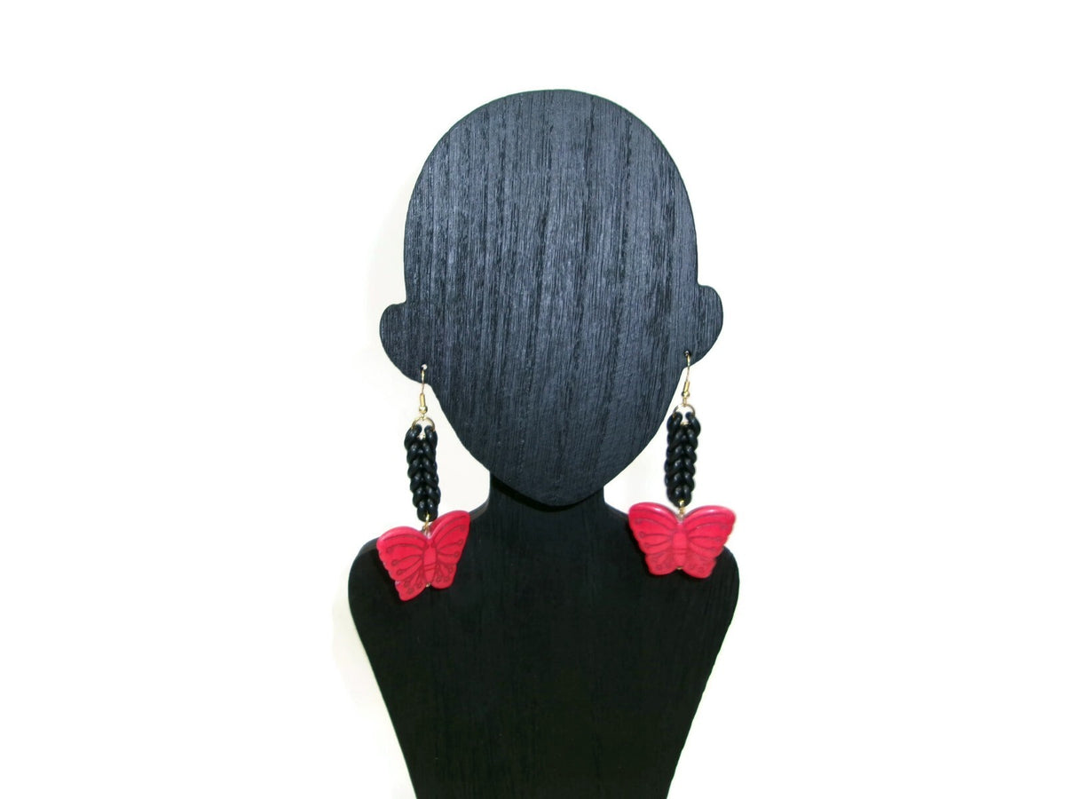 Womens Ear Candy Statement Drop Earrings Red Butterfly w/ Unique Rubber Design