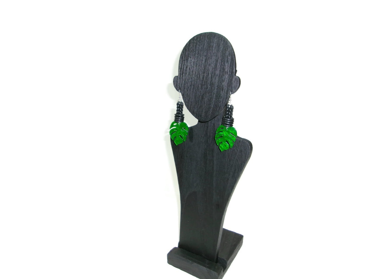 Womens Ear Candy Statement Drop Earrings Green Acrylic Leaf & Rubber Design