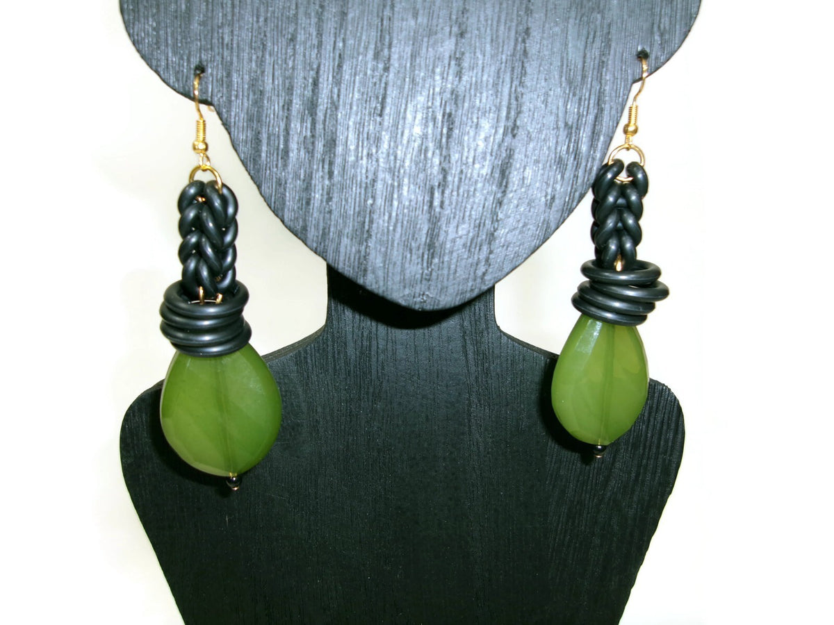Womens Ear Candy Statement Earrings Green Textured Bead w/ Rubber Huggie Design
