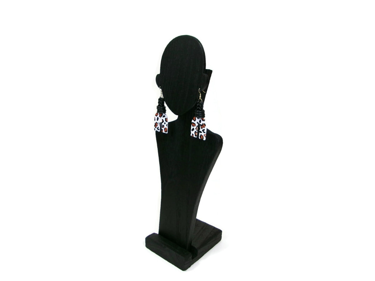 Womens Ear Candy Statement Earrings Leopard Print  Black Tan & White
