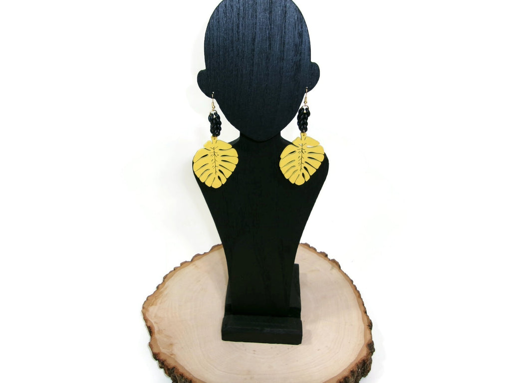 Womens Ear Candy Statement Drop Earrings Yellow Wood Leaf & Unique Rubber Design