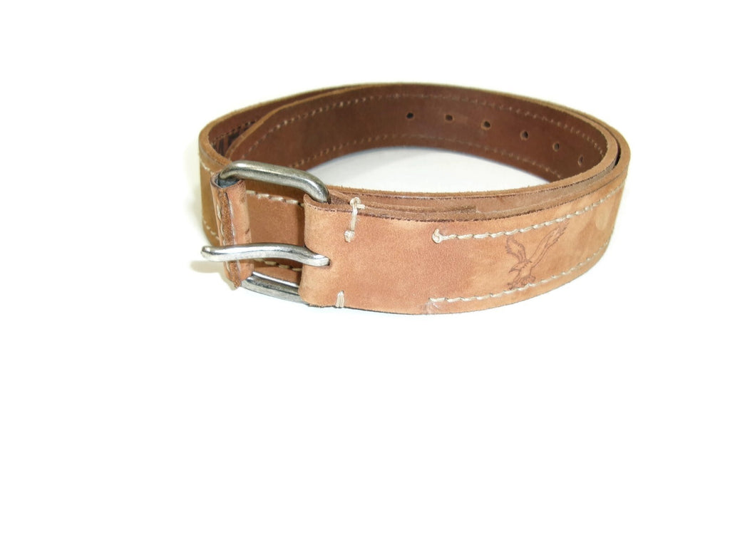 American Eagle Mens Distressed Light Tan Casual Belt Size 32 w/ Eagle Logo
