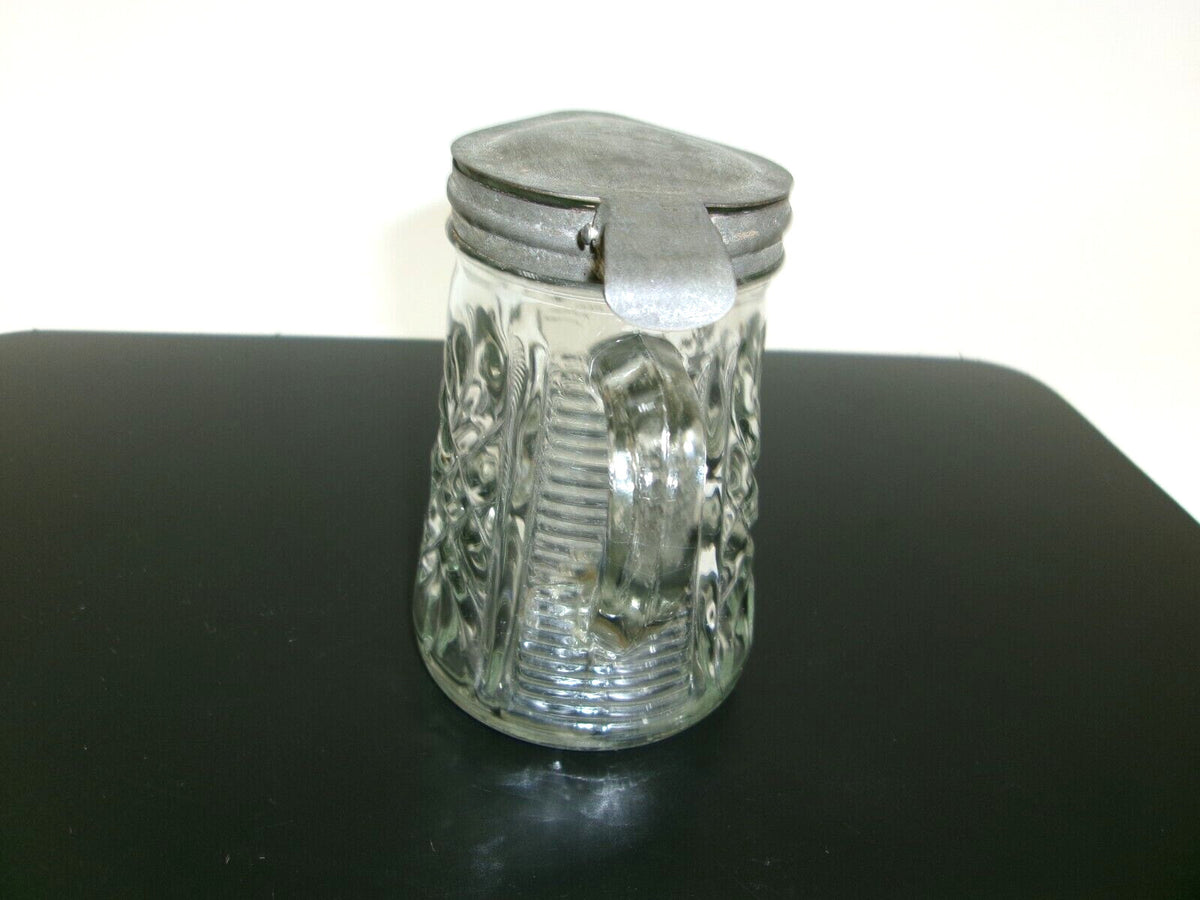 Heavy Glass Ribbed Textured Antique Molasses Syrup Dispenser w/ Metal LID