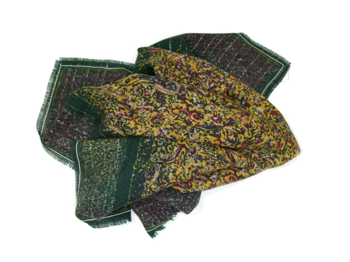 Sally Gee Vintage Womens Scarf 100% Light Weight Wool  Green Gold Original Tag