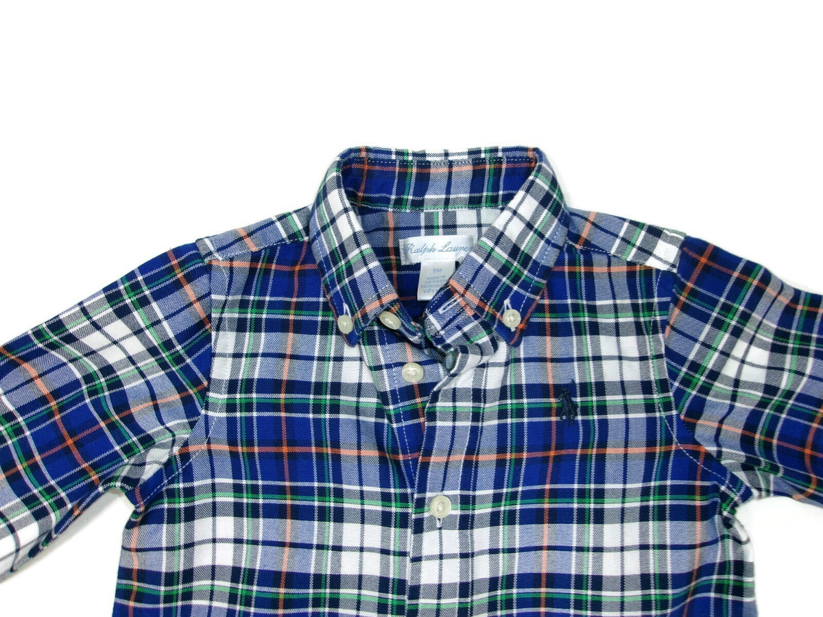 Ralph Lauren Baby Infant Boys Button Down Long Sleeve Plaid Shirt Size 9M Blue