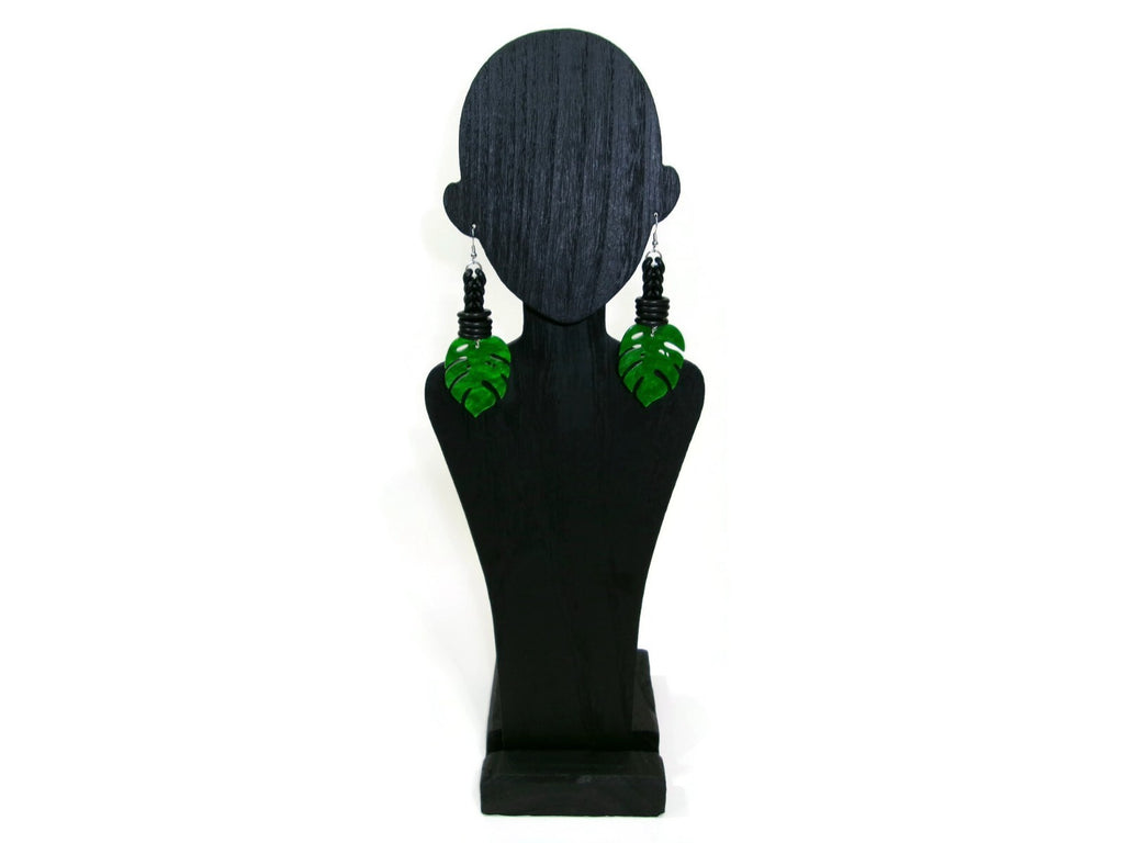Womens Ear Candy Statement Drop Earrings Green Acrylic Leaf & Rubber Design