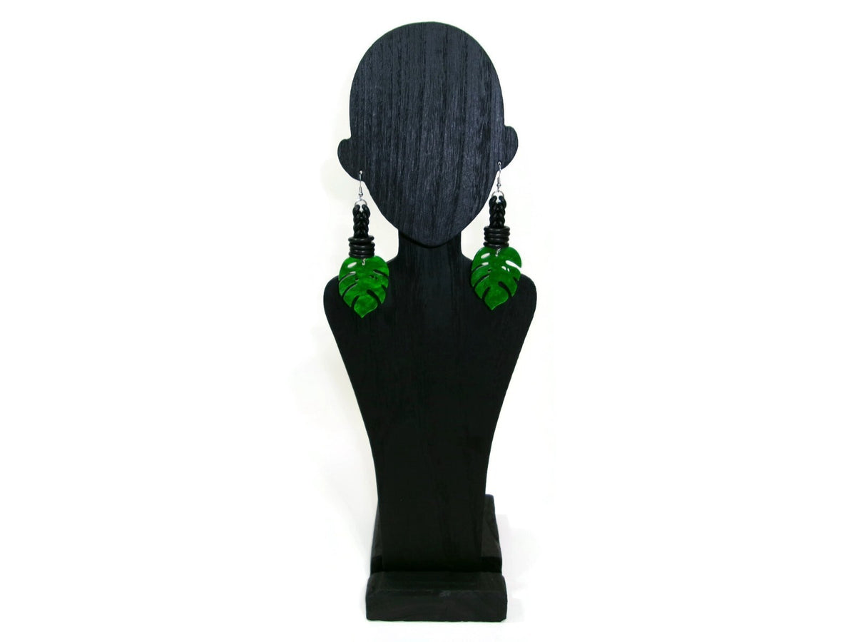 Womens Ear Candy Statement Drop Earrings Green Acrylic Leaf & Rubber Design