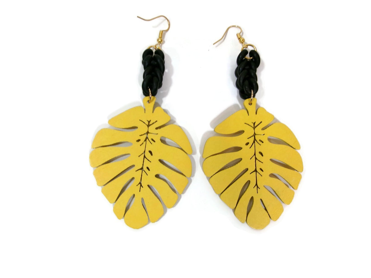 Womens Ear Candy Statement Drop Earrings Yellow Wood Leaf & Unique Rubber Design