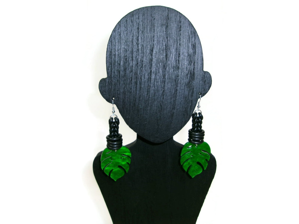 Womens Ear Candy Statement Drop Earrings Green Acrylic Leaf & Rubber Design