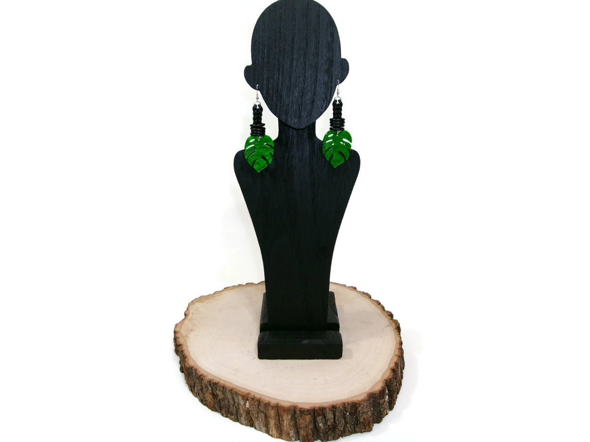 Womens Ear Candy Statement Drop Earrings Green Acrylic Leaf & Rubber Design
