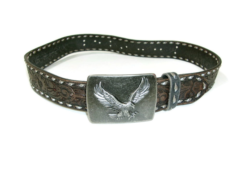American Eagle Distress Silver Buckle Hand Tool & Made Brown  Belt Size M Unisex