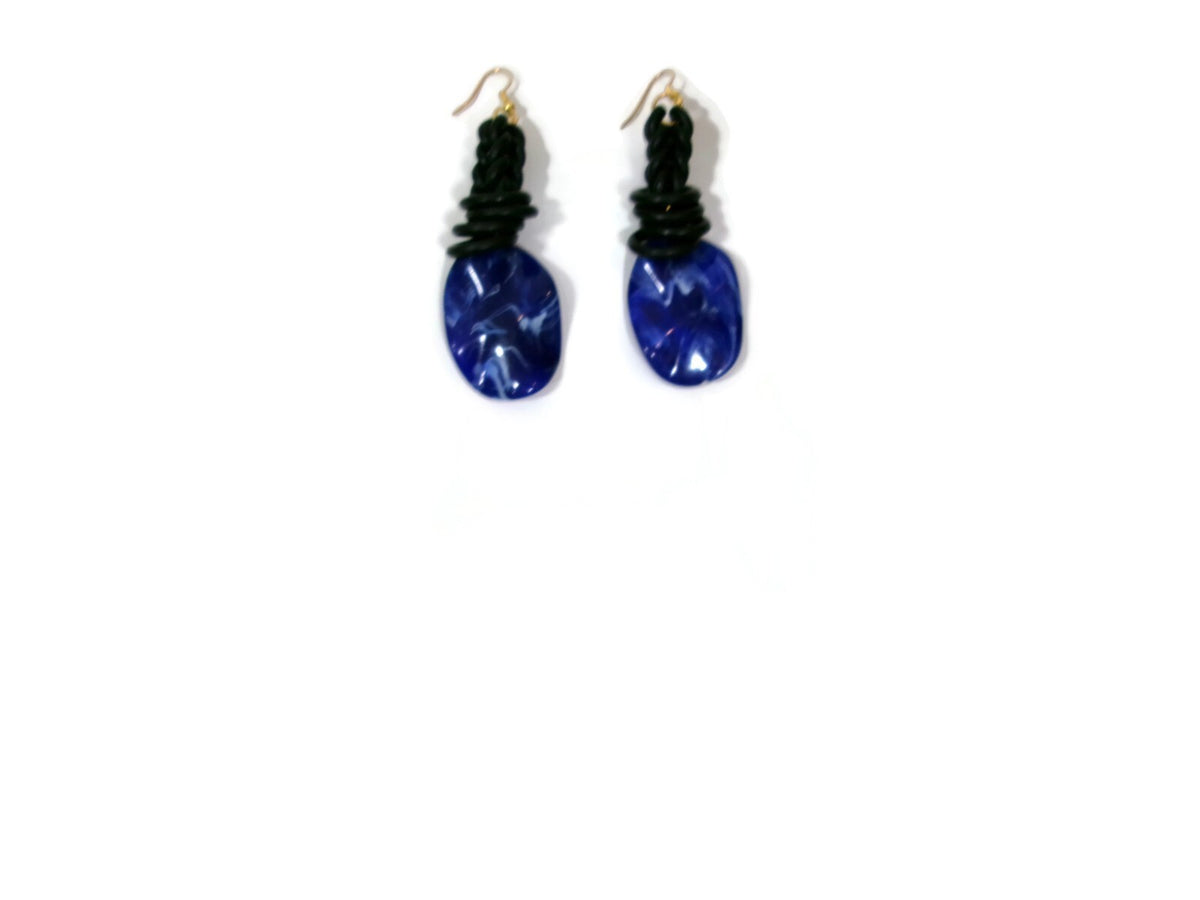 Womens Ear Candy Statement Earrings Blue Marble and Black Rubber Unique Design