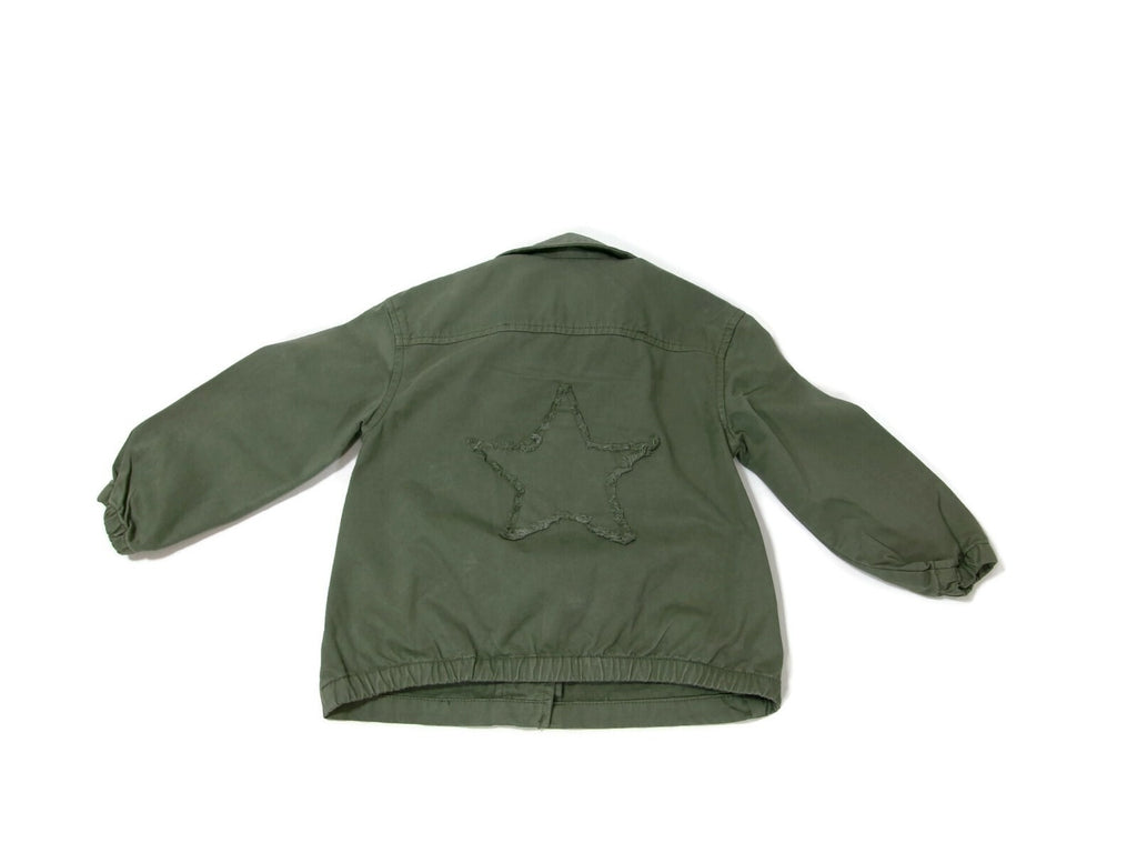 MNG Girls Stylish Green Khaki Jacket Star Embroided Back Cargo Pockets Size 6/7
