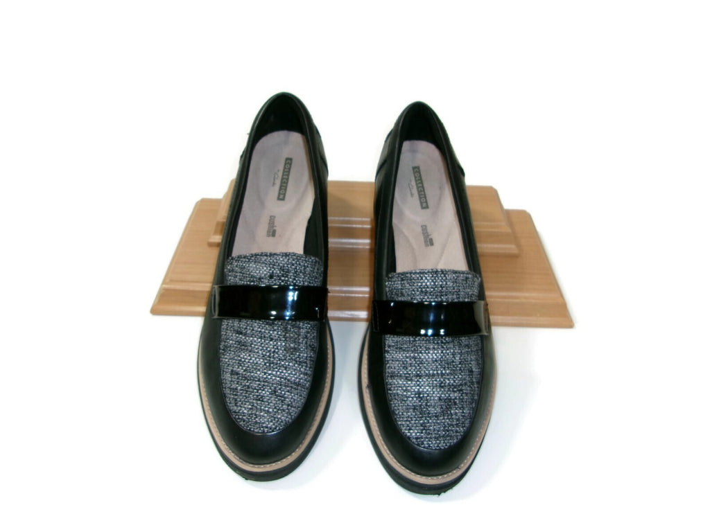 Clarks Womens Shoes Size 9.5 M Black Leather & Tweed & Patent Low Wedge Heels