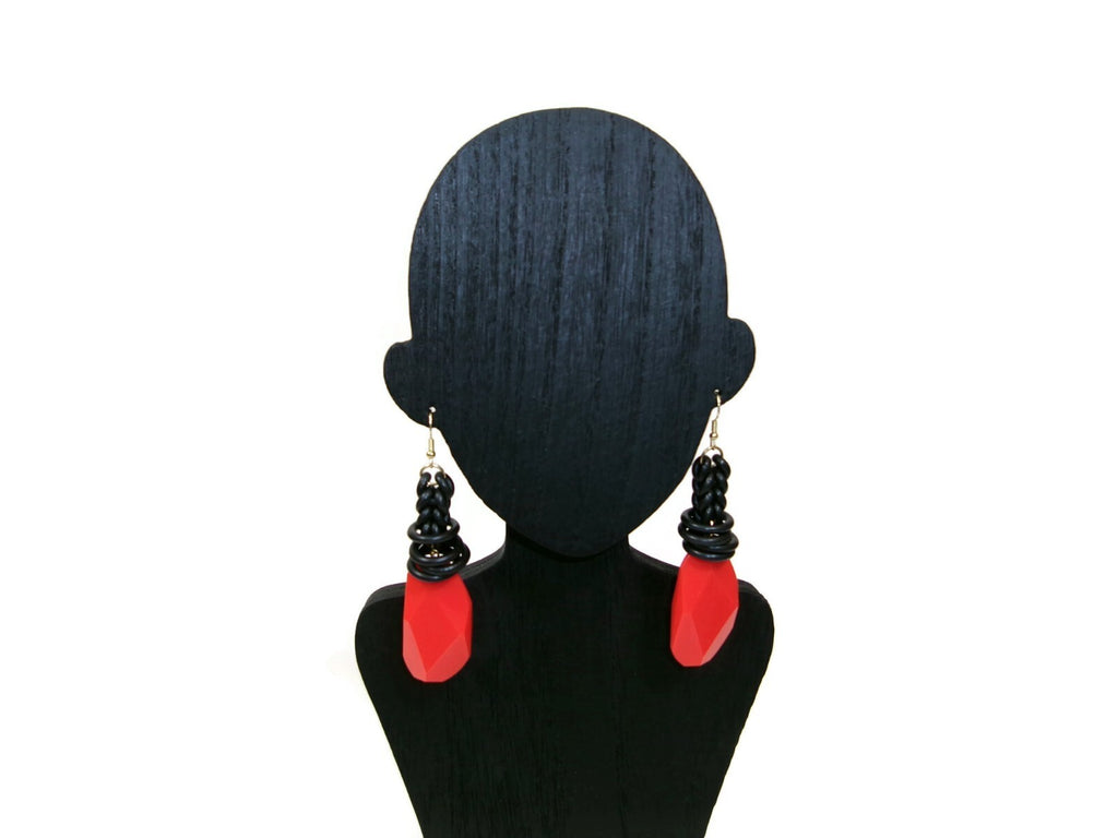 Womens Ear Candy Statement Drop Earrings Large  Redish Orange / Black Unique