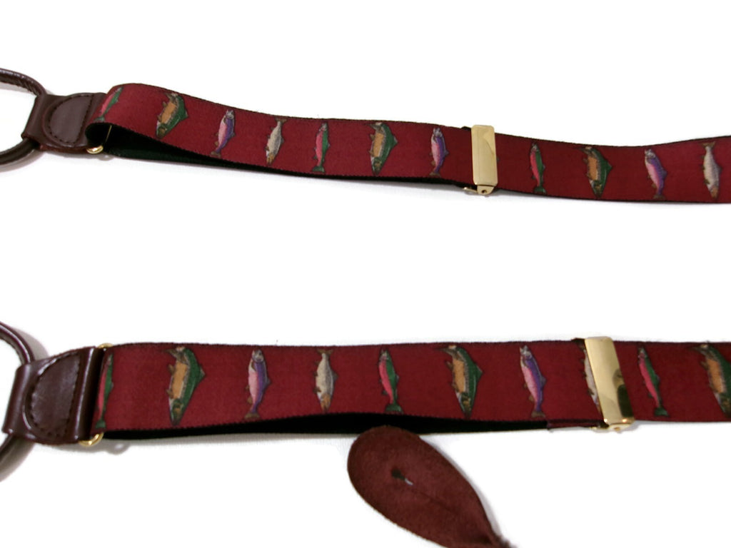 Mens  Burgundy /Redish  Suspenders Pelican USA Trout Fish Leather Tabs