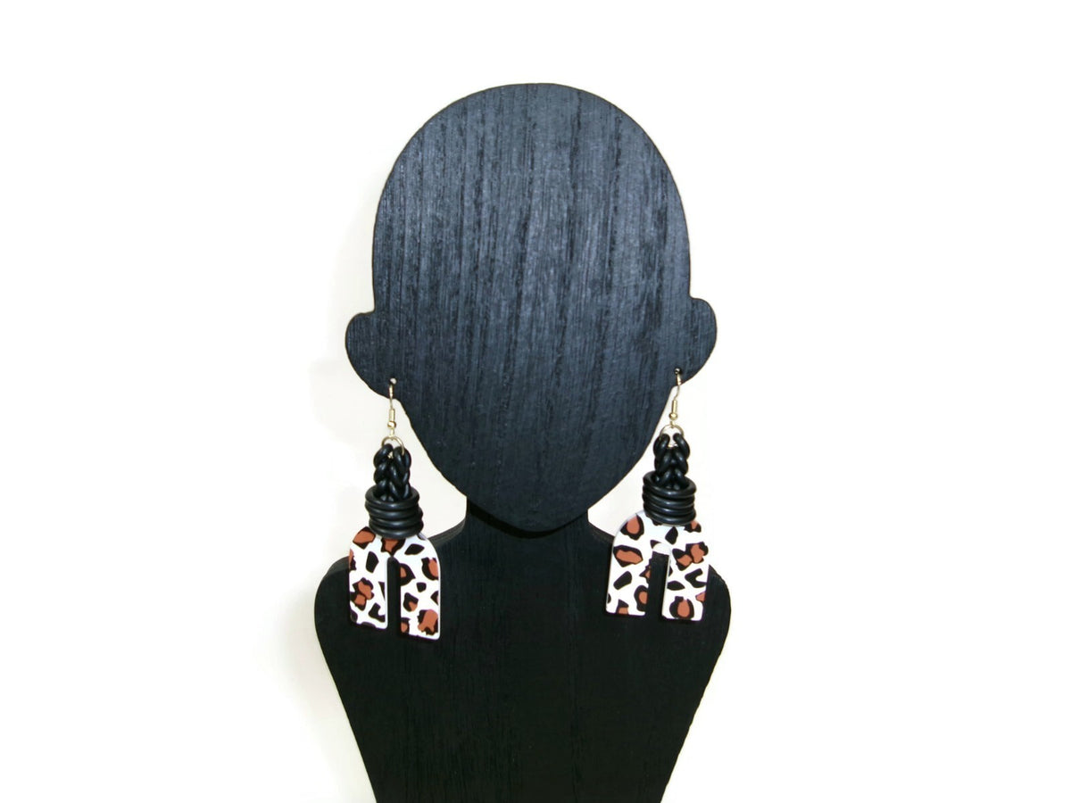 Womens Ear Candy Statement Earrings Leopard Print  Black Tan & White