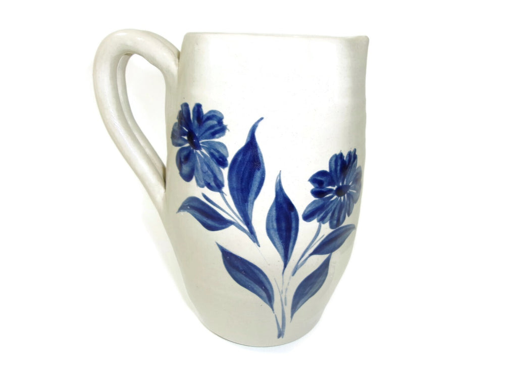 Vintage Williamsburg Pottery  Stoneware Pitcher 7 " With Cobalt Blue Floral