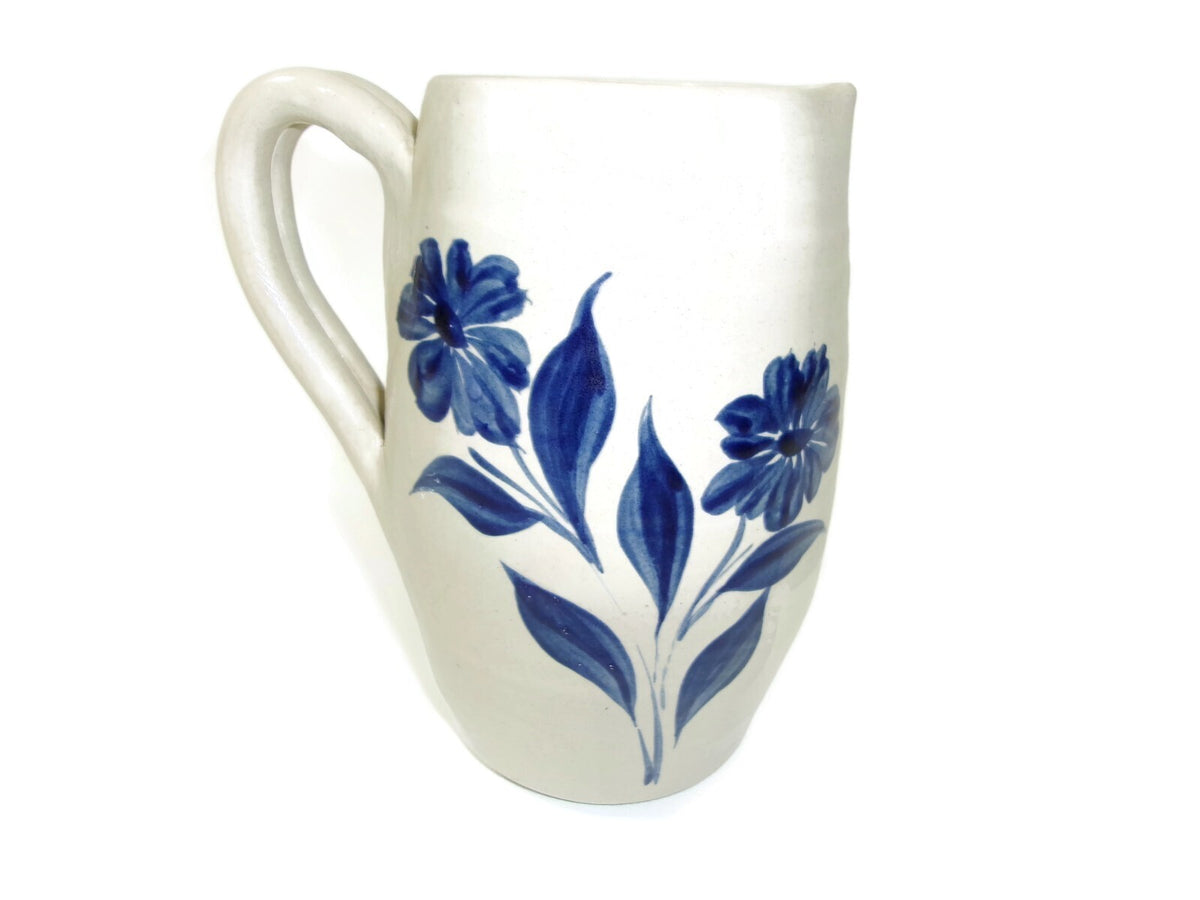 Vintage Williamsburg Pottery  Stoneware Pitcher 7 " With Cobalt Blue Floral