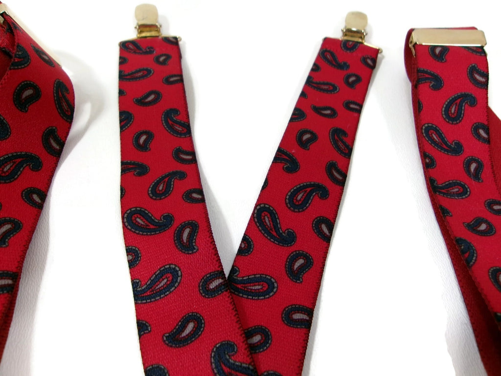 Mens Red Paisley Suspenders w/ Y Back Design & Metal Clips Md In West Germany