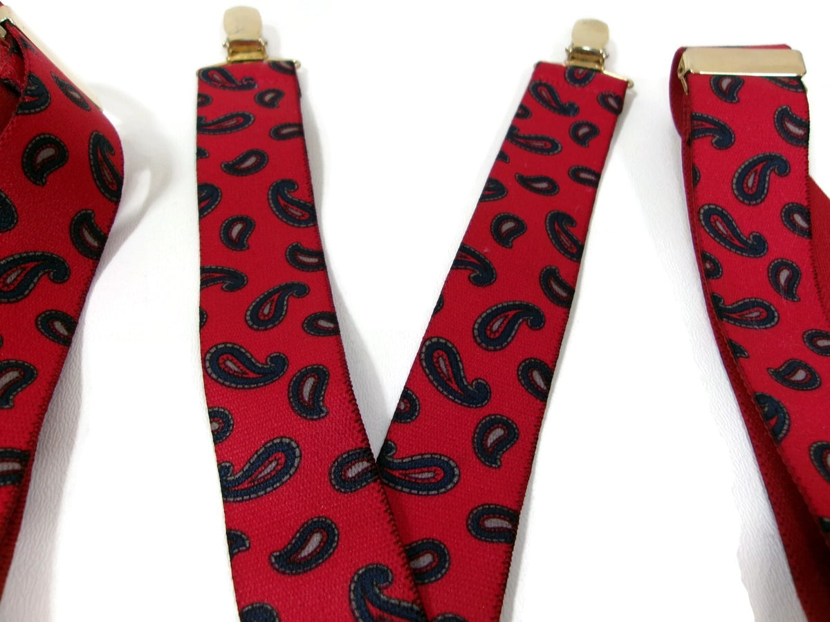 Mens Red Paisley Suspenders w/ Y Back Design & Metal Clips Md In West Germany