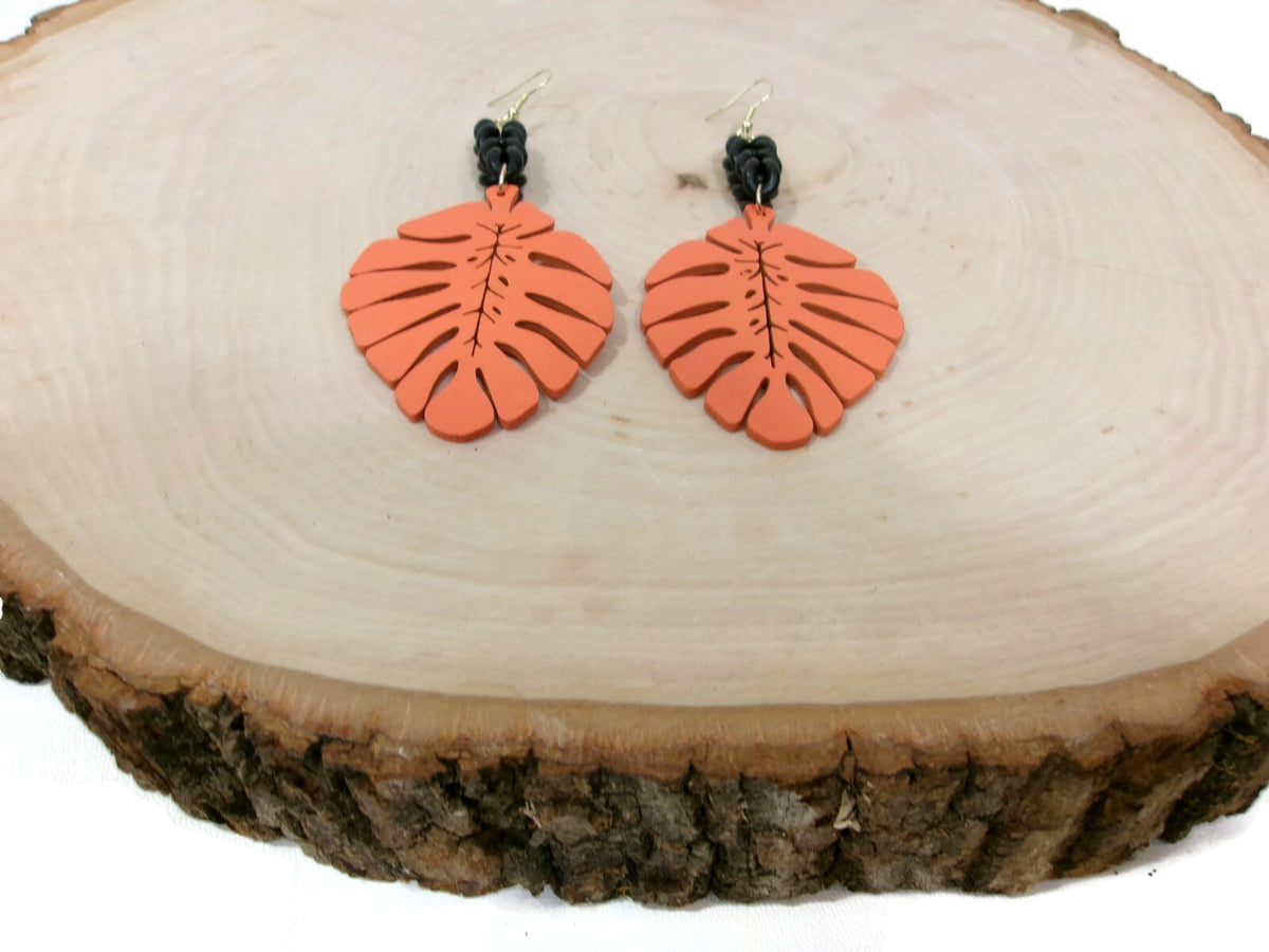 Womens Ear Candy Statement Drop Earrings Orange Wood Leaf & Unique Rubber Design