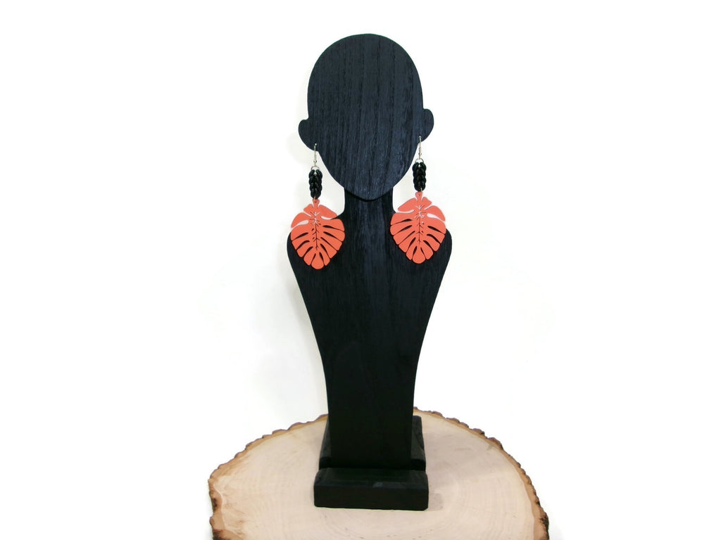 Womens Ear Candy Statement Drop Earrings Orange Wood Leaf & Unique Rubber Design