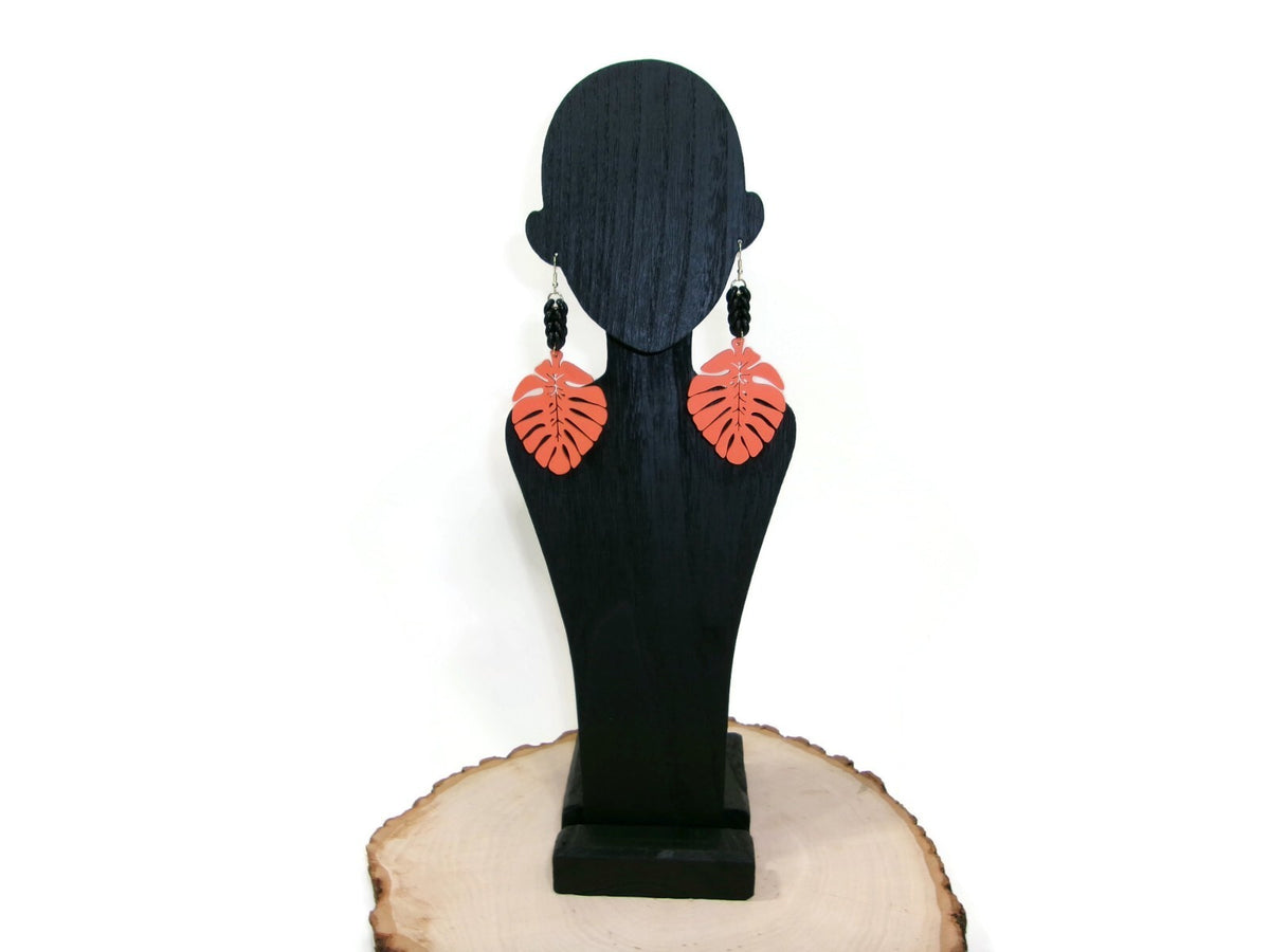 Womens Ear Candy Statement Drop Earrings Orange Wood Leaf & Unique Rubber Design