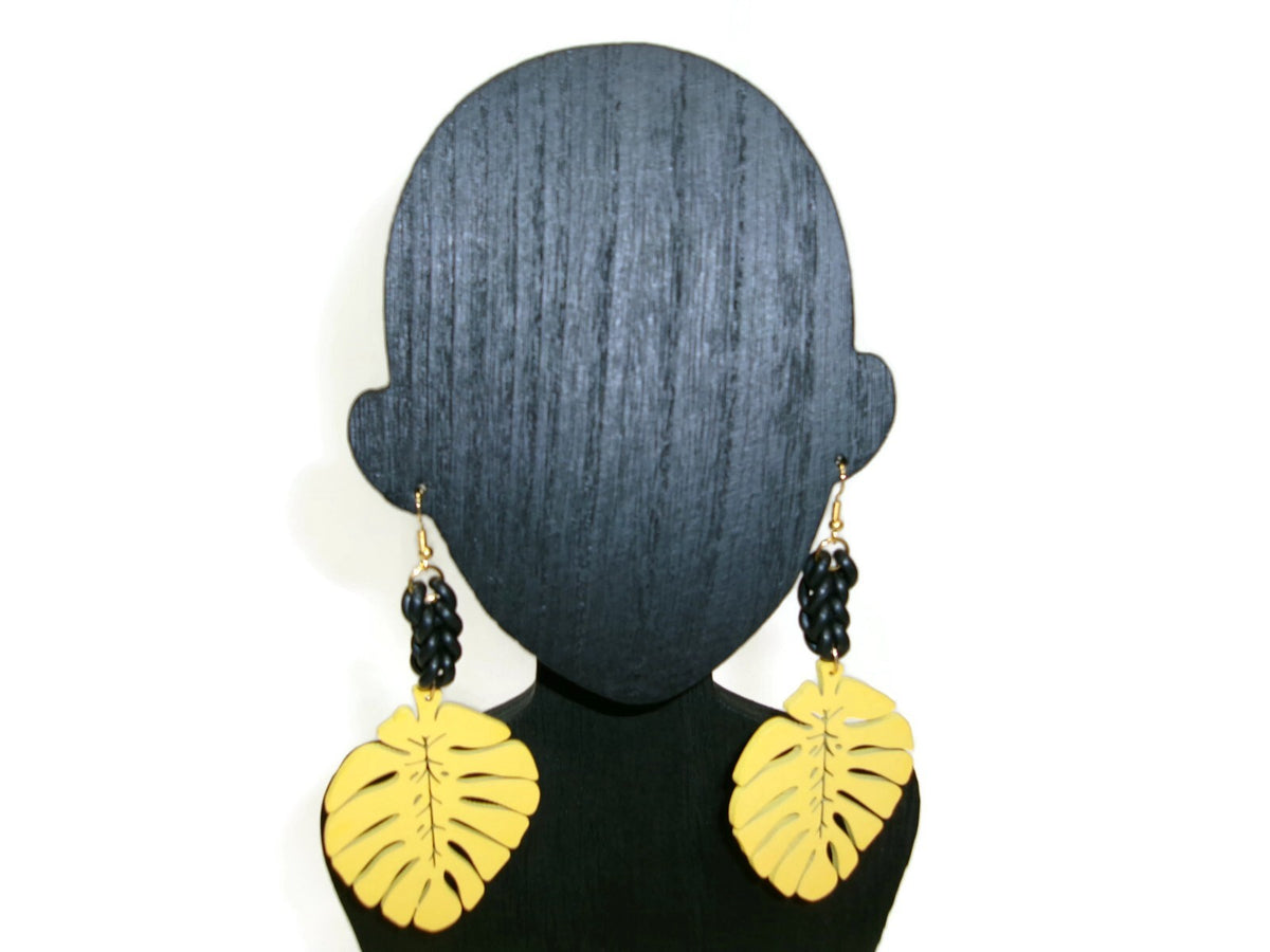 Womens Ear Candy Statement Drop Earrings Yellow Wood Leaf & Unique Rubber Design