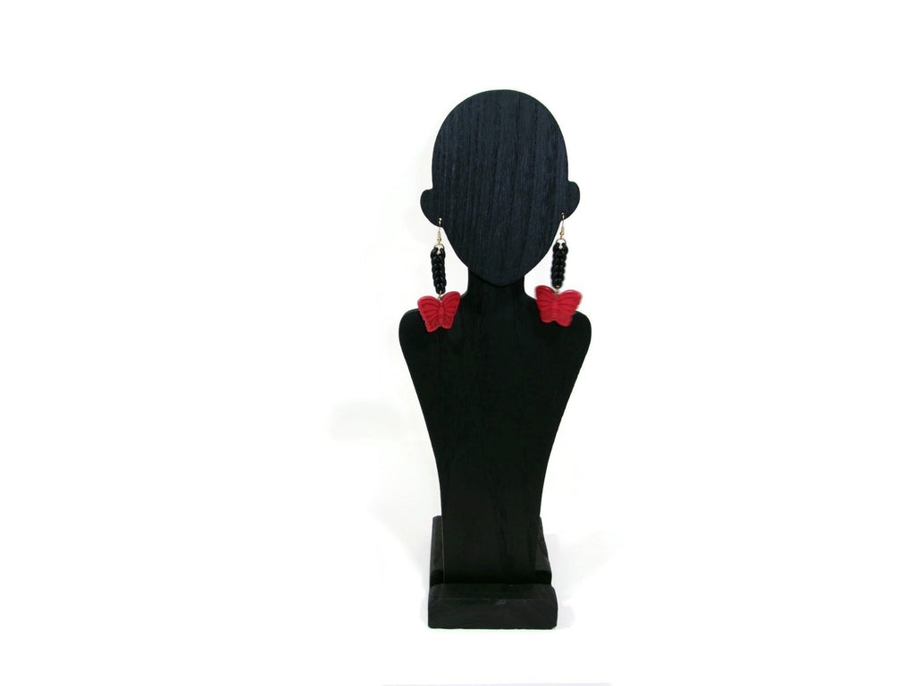 Womens Ear Candy Statement Drop Earrings Red Butterfly w/ Unique Rubber Design