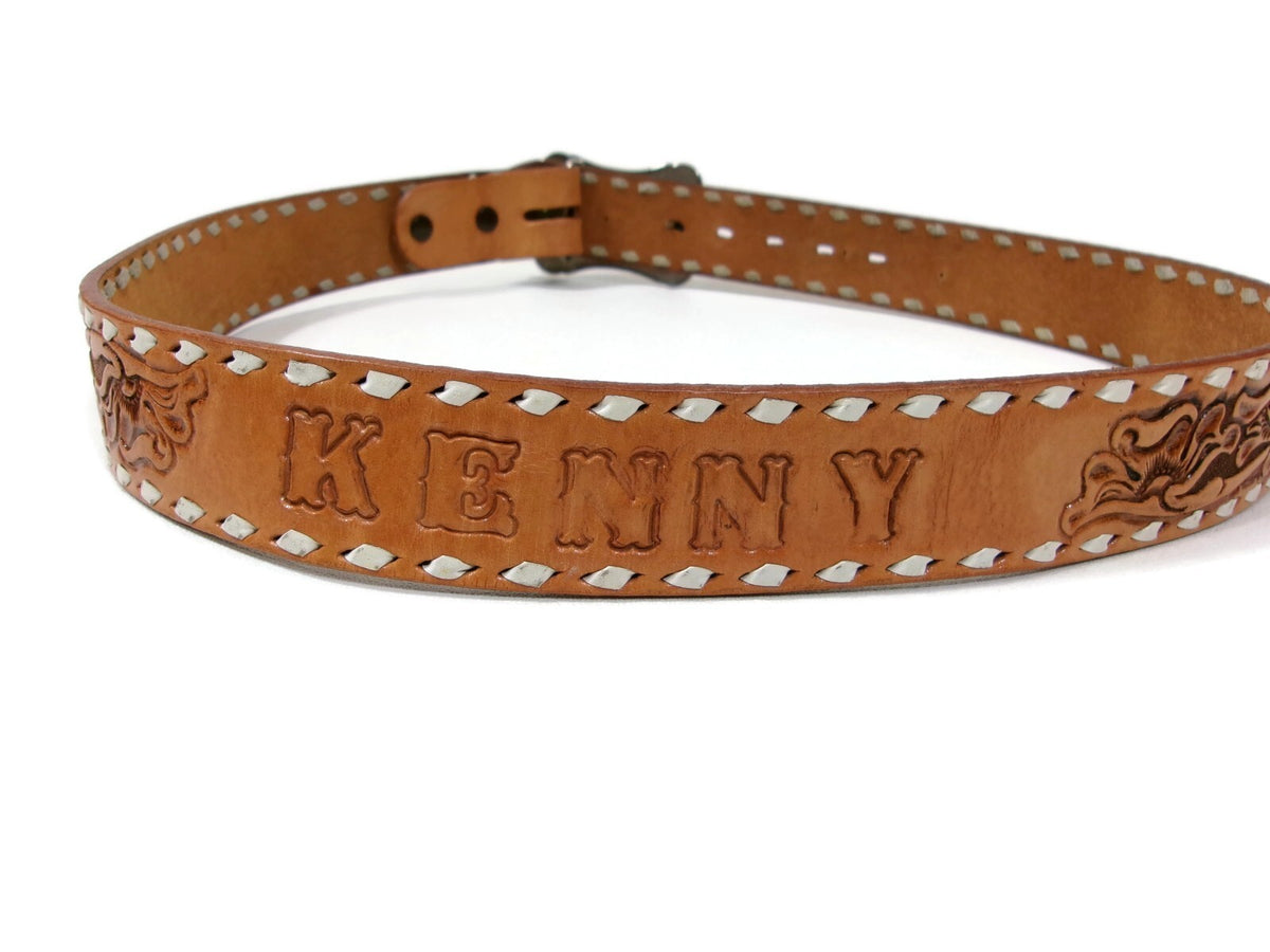 Nocona Vintage Tan Tool Leather Western Belt W/Boots Buckle Embossed w/ KENNY SM