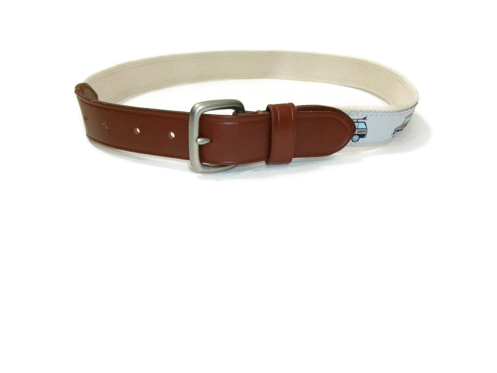 J Crew Crewcuts Kids Boys Belt Size L Large Leather Canvas w/Car Surfboard Motif