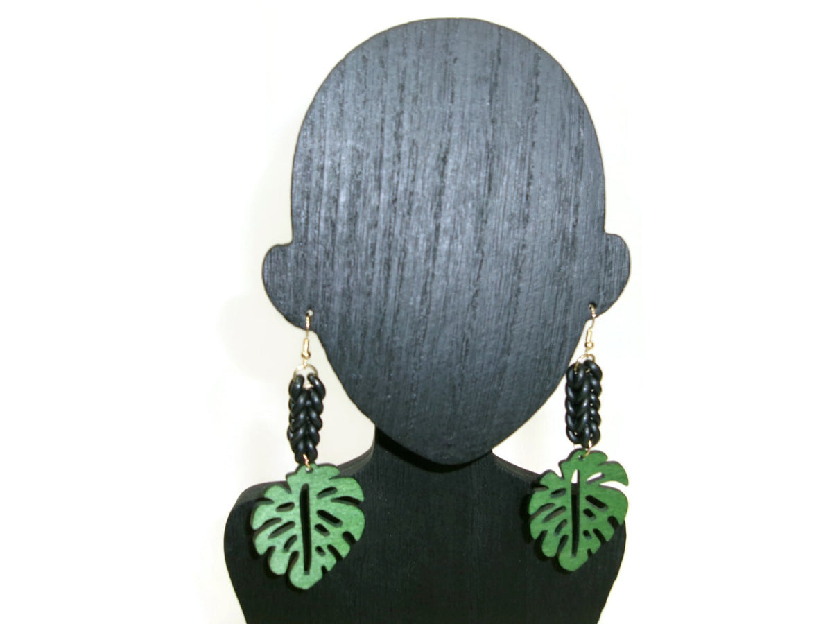 Womens Ear Candy Statement Drop Earrings Green Wood Leaf & Unique Rubber Design