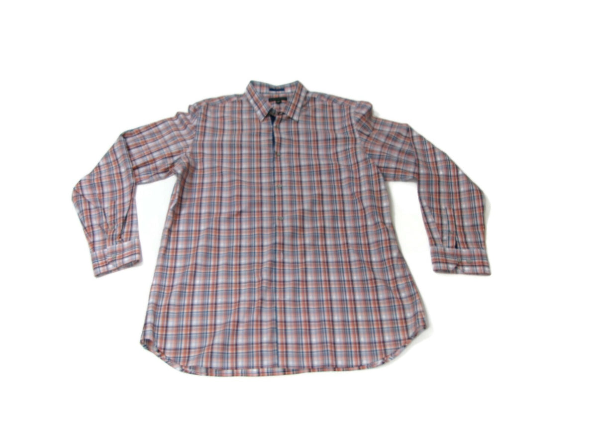Banana Republic Mens Dress Shirt 17-17.5 XL Orange Blue Gray Plaid Long Sleeve