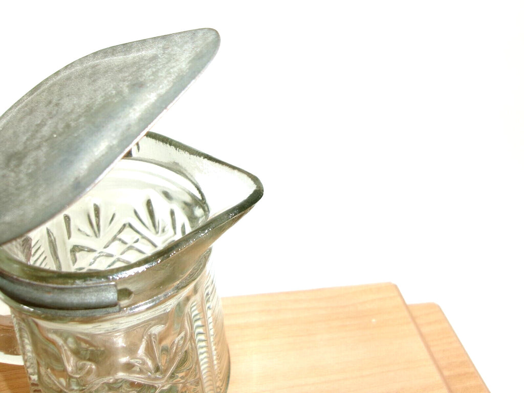 Heavy Glass Ribbed Textured Antique Molasses Syrup Dispenser w/ Metal LID