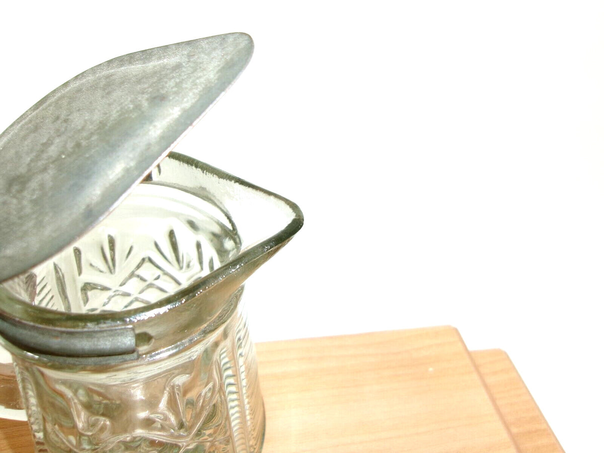 Heavy Glass Ribbed Textured Antique Molasses Syrup Dispenser w/ Metal LID