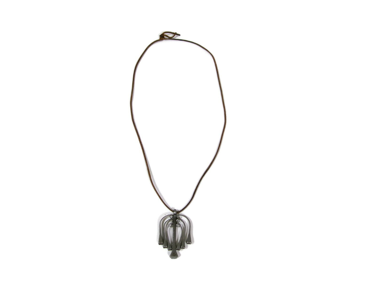 Retro Vintage Modernist Brutalist Pewter Skeleton  Necklace w/ Leather Cord 16.5