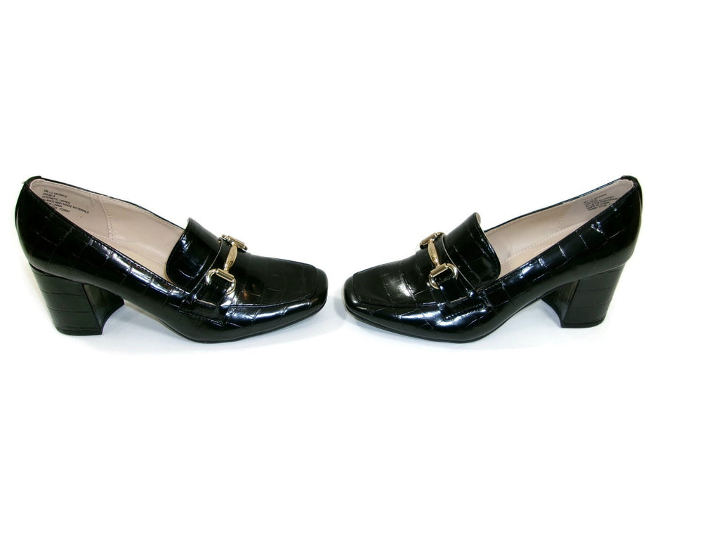Liz Claiborne Womens Black Croc Embossed Heels Pumps Shoes Size 6 M Gold Buckle