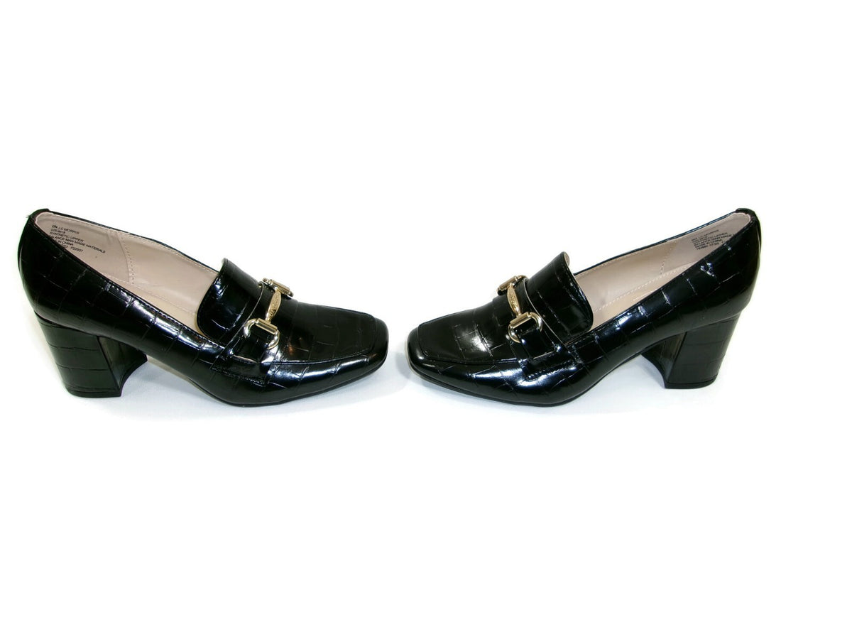 Liz Claiborne Womens Black Croc Embossed Heels Pumps Shoes Size 6 M Gold Buckle