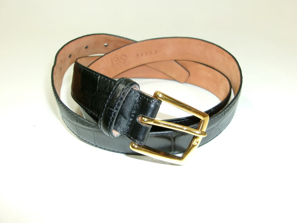 Joseph A. Bank Mens Black Croc Embossed Dress Casual Belt Size 44 Gold Buckle