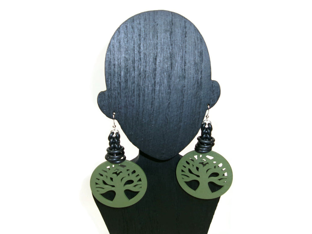 Womens Ear Candy Statement Green Earrings Wood Family Tree Black Rubber Design