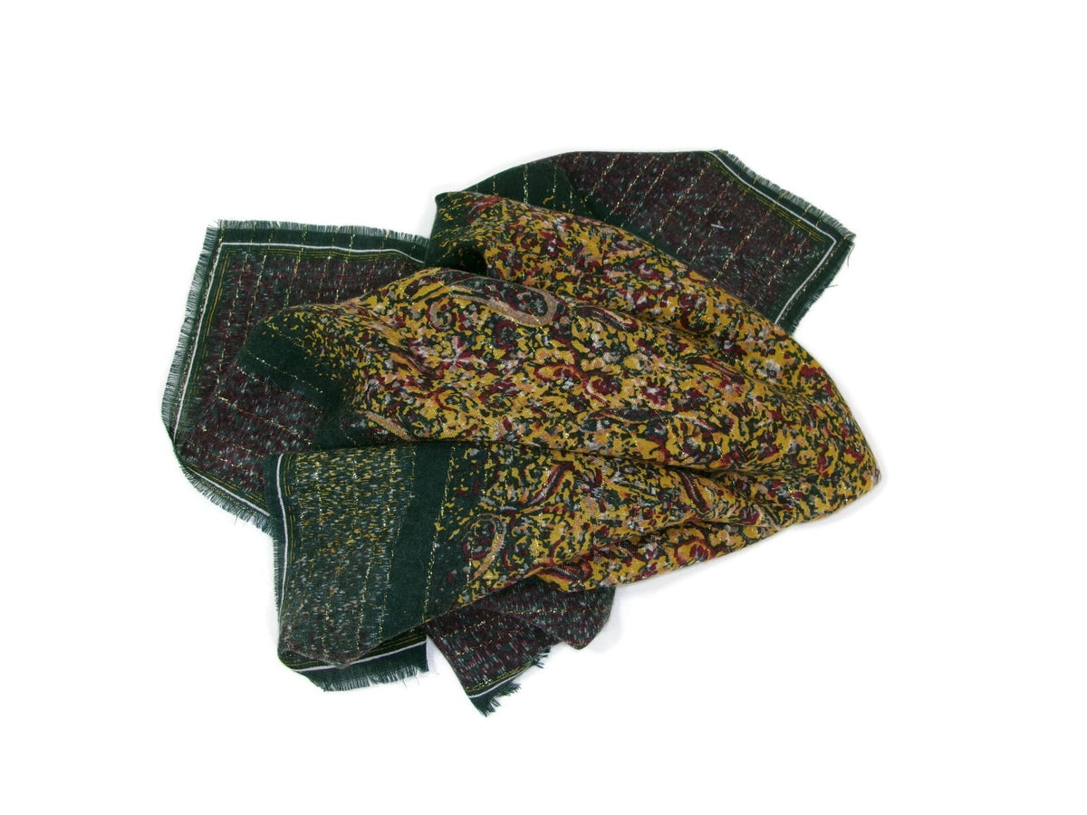Sally Gee Vintage Womens Scarf 100% Light Weight Wool  Green Gold Original Tag