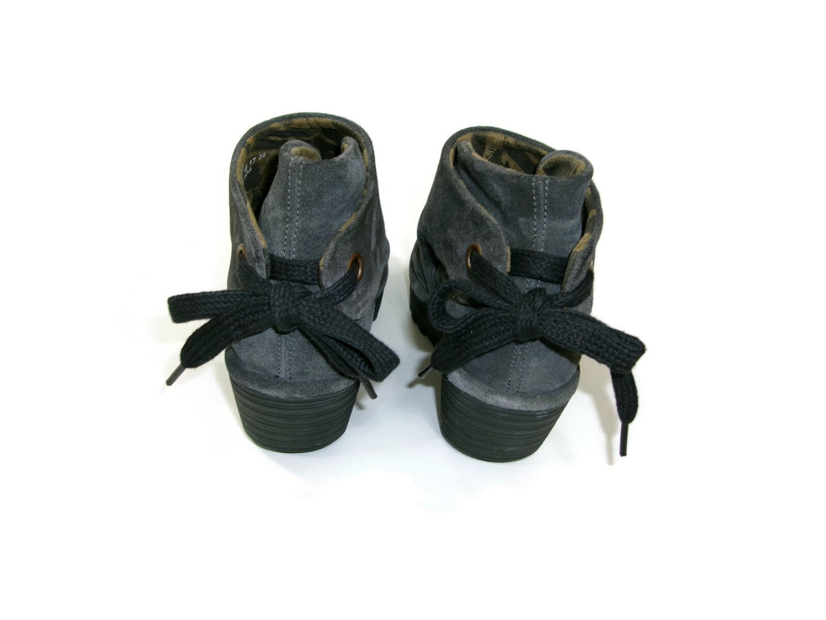 Fly London Yebi Ruched Gray Suede Leather Ankle Boots Booties Size US  8-8.5 39