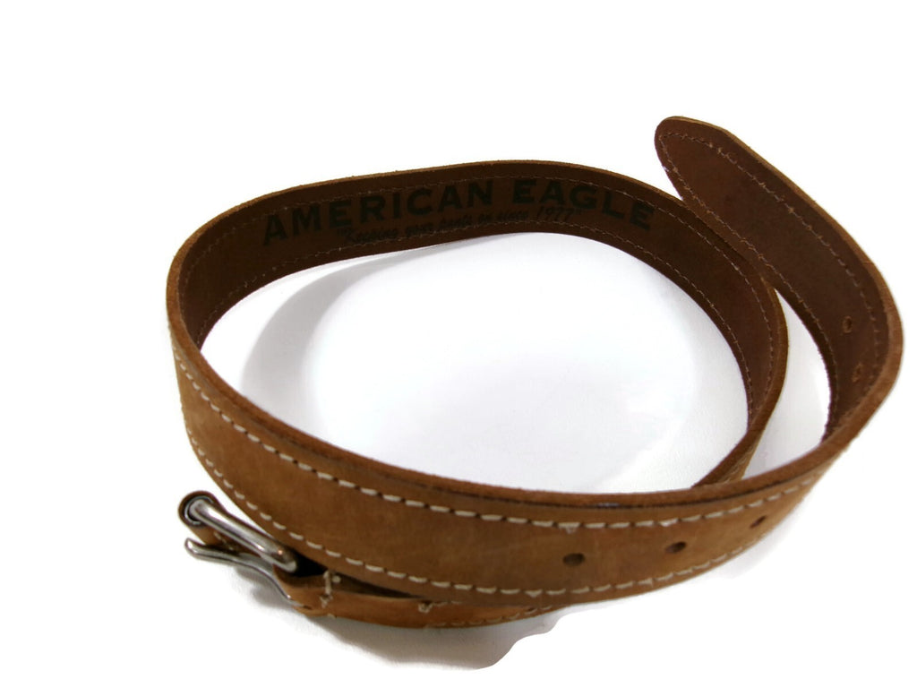 American Eagle Mens Distressed Light Tan Casual Belt Size 32 w/ Eagle Logo